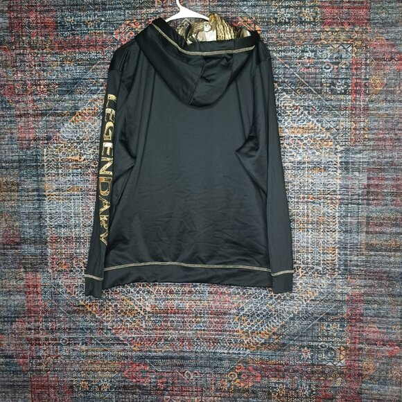 Legendary mens black w camo trim sewn Gods Country lined fishing hoodie L EUC - Picture 2 of 9